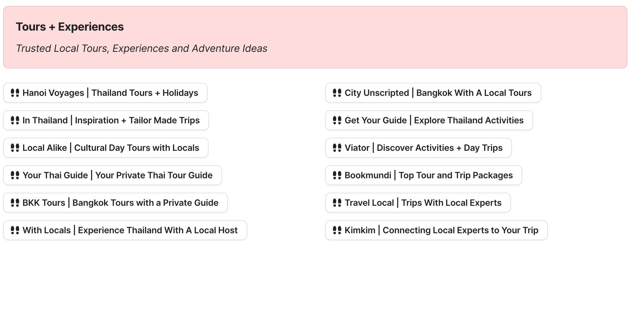 Tours + Experiences in Thailand Preview of tours and experiences in Thailand section in Thailand Travel Research by Feral Travel