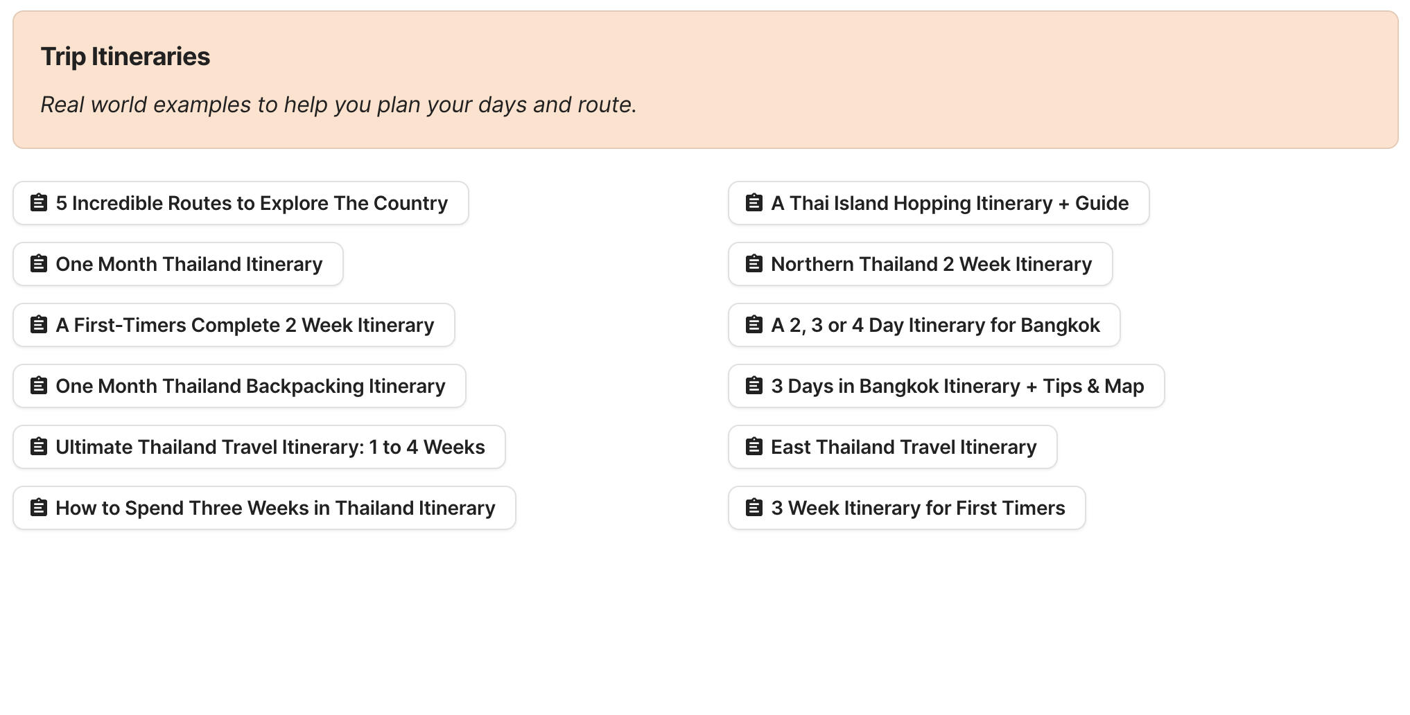 Thailand Trip Itineraries Preview of Thailand Trip Itineraries section in Thailand Travel Research by Feral Travel