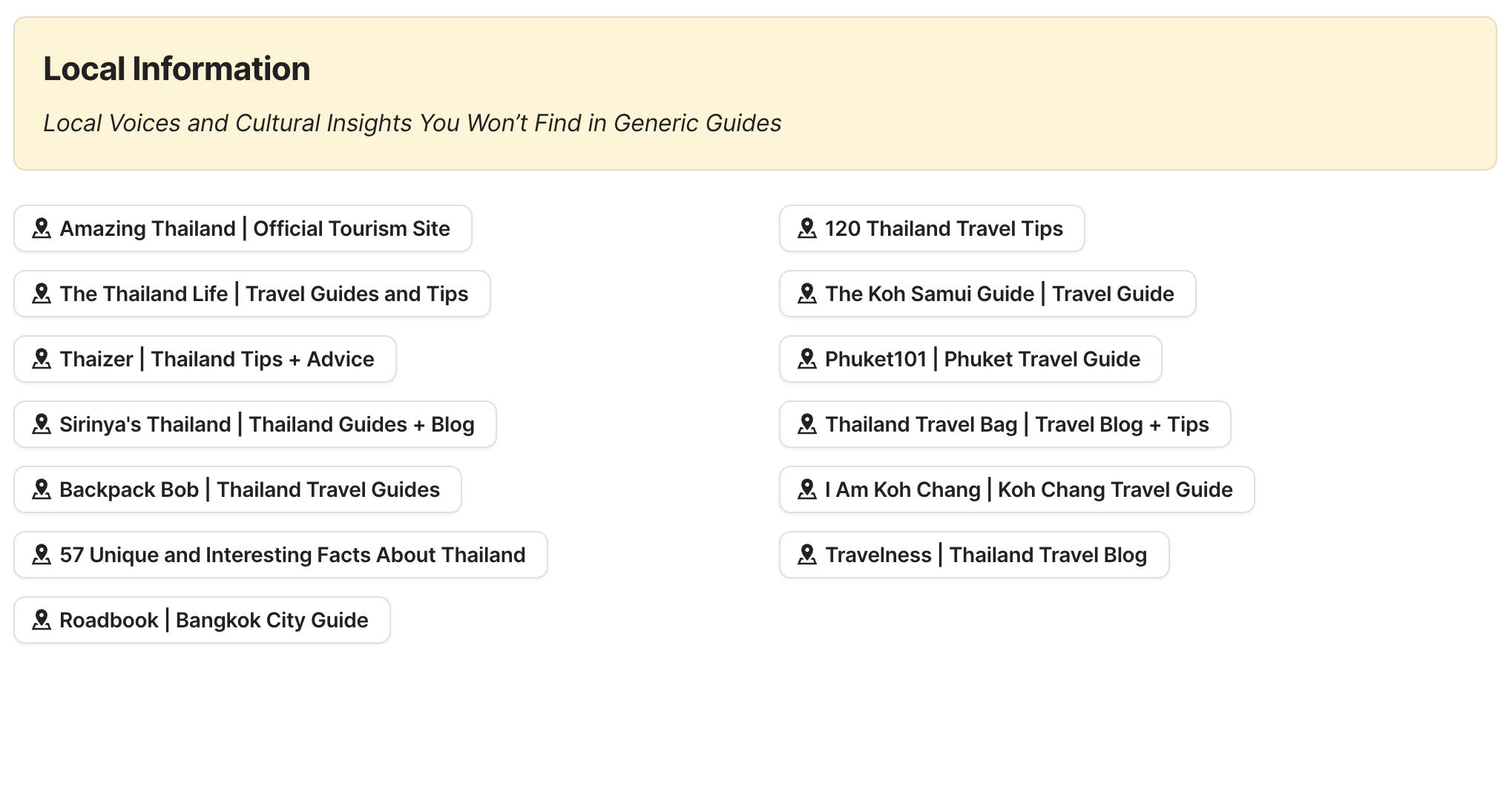 Local Information Preview of local information section in Thailand Travel Research by Feral Travel